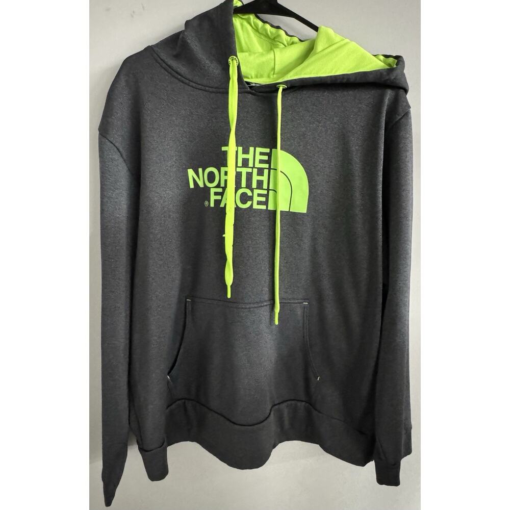 North Face Men's XL Gray and Lime Green Hooded Sweatshirt Hoodie Pullover